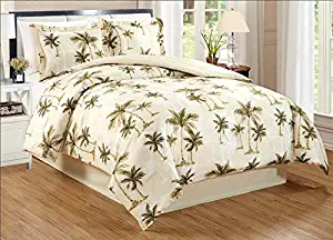 4-Piece King Size Fine Printed Tropical Palm Tree Comforter Set Reversible Goose Down Alternative Bedding (Beige, Sage Green, Brown)