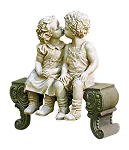 Kissing Boy & Girl on Bench Detailed Garden Ceramic Garden Yard Statue Art 15" X 12-1/2" X 5-3/4"