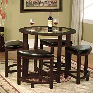 Roundhill Furniture Cylina Solid Wood Glass Top Round Dining Table with 4 Chairs