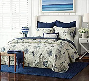 Nautical Queen Quilt Set 1 Reversible Bedspread and 2 Pillowcases,100% Cotton Comfy Navy Blue Coverlet Set,Lightweight and Hypoallergenic