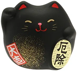 Kotobuki Maneki Neko Charm Yakuyoke-un Collectible Figurine, Warding Off Bad Spirits, Black