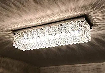 7PM W32" x D10" Modern Contemporary Raindrop Rectangle Clear K9 Crystal Chandelier Ceiling Lamp Light Fixture for Dining Living Bedroom Room Kitchen Island Over Table Chrome Frame Flush Mount