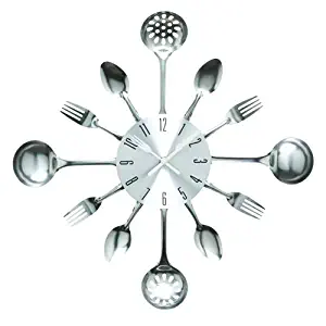 Timelike Wall Clock, 16" Metal Kitchen Cutlery Utensil Spoon Fork Wall Clock Creative Modern Home Decor Antique Style Wall Watch (Silver)