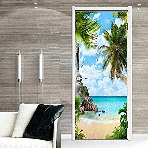 FLFK 3D Palm Tree Beach Door Stickers Wall Murals Wallpaper Vinyl Removable Home Decoration 30.3"x78.7"