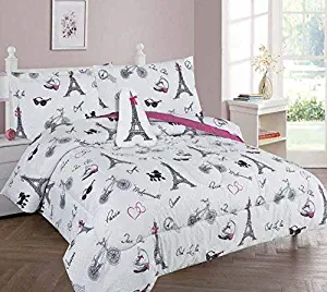 Golden Linens Twin Size 3 Pieces Printed Comforter set Multi colors White Black Pink Paris Eiffel Tower Design Girls / Kids/ Teens # Twin 3 Pc Paris