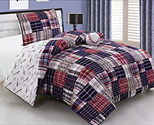 Grand Linen 3 - Piece Kids Twin Size Baseball Sports Theme Comforter Set with Plush Toy Included-Navy Blue, Red, White and Beige Plaid. Boys, Girls, Guest Room and School Dormitory Bedding