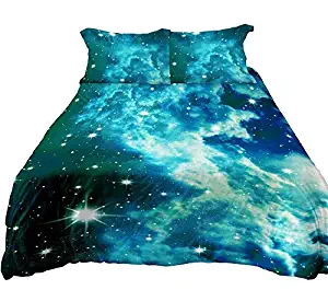 Anlye Black and Blue Galaxy Bedding Set 2 Sides 3D Printed Cloud Quilt Coverlet Galaxy Flat Sheet with 2 Bedroom Pillow Covers Queen