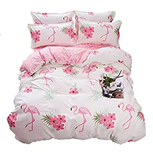 Kimko Fresh Style Flamingo Bedding Set- Children Reversible Light Pink Flamingo Pattern & White Cover -4Pcs -1 Duvet Cover Set + 1 Bed Flat Sheet + 2 Pillowcases