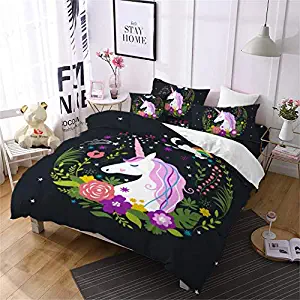 Jessy Home Duvet Cover 2 Piece Twin Size Rainbow Unicorn Cute Quilt Cover for Girls Children Gift Cartoon 3D Bedding Set Black (1Pillow Cases)