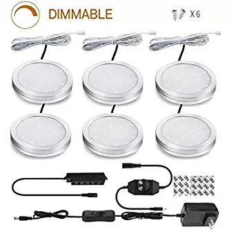 Led Dimmable Puck Lights,Set of 6 Warm White Under Cabinet Lighting Kit w/Rotary Dimmer Switch, Total of 12W, LED Counter Light Above/in/Under Kitchen Closet Bookcase, Shelf,