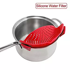 Strainer with 2 Clip for Veggies Pasta Ground Meat and More for Pots Pans,Made by FDA Approved, Heat Resistant Silicone, Red