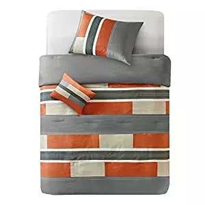 Comfort Spaces - Pierre Comforter Set - 4 Piece - Gray/Orange - Multi-Color Pipeline Panels - Perfect for Dormitory - Boys - Full/Queen Size, Includes 1 Comforter, 2 Shams, 1 Decorative Pillow