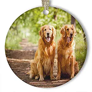 10CIDY Golden Retriever Dogs Tree Grass Ornament (Round) Personalized Ceramic Holiday Christmas Ornament Ideas 2019