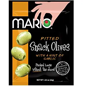 Mario Camacho Foods Pitted Snack Olives, Seasoned Green Garlic Olives, 1.05 Ounce (Pack of 12)