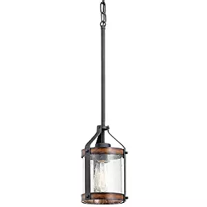 Kichler Lighting Barrington Distressed Black and Wood Rustic Mini Seeded Glass Cylinder Pendant