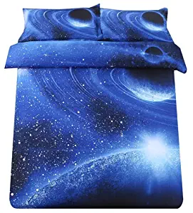 Sandyshow Blue Planet Bedding 3PC Galaxy Bedding Set Full/Queen Size for Boys and Girls, Wrinkle, Fade, Stain Resistant, Hypoallergenic