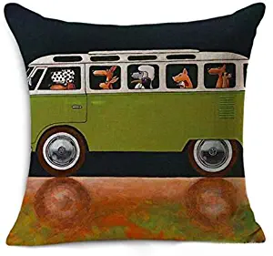 Petite Lili Cushion Cover with Dog Driver Design, Decorative Pillowcase -Bed/Kids/Sofa 18 x 18 inch, (Green Volkswagen) Cover only