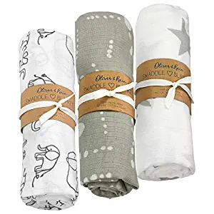 Oliver & Rain Organic Muslin Swaddle Sampler, 3-pack Newborns - Gray Elephant Print, Gray Dot Print, Gray Star Print