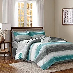 Aqua Blue & Grey Watercolor Cottage Beach House Coastal Cal King Comforter (9 Piece Bed in A Bag)