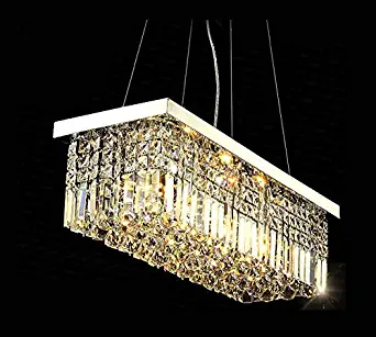 7PM W47" x D10" Modern Rain Drop Rectangle Clear K9 Crystal Chandelier Pendant Lamp LightFixture 10 Lights for Dining Room Kitchen Island Chrome Frame