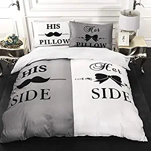 3D Printed His Side Her Side Couple Bedding Set for Adults Teens 3 Pieces Black Beard Bow Knot Duvet Cover with 2 Pillowcases White and Gray Comforter Cover Queen Size 90"x90"(Not Comforer)