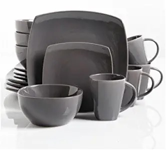 Square Dinnerware Service for 8, Plates Bowls Mugs, 32-Piece Set, Modern Gray