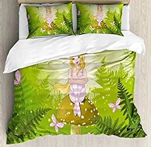 Dream-Decor King Size Nursery 4 Piece Bedding Set Duvet Cover Set, Magic Fairy Girl with Floral Hairstyle in Green Forest Pink Butterflies, Comforter Cover Bedspread Pillow Cases with Zipper Closure