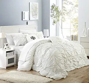 Chic Home Halpert 6 Piece Comforter Set Floral Pinch Pleated Ruffled Designer Embellished Bedding with Bed Skirt and Decorative Pillows Shams Included, Queen White