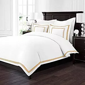 Sleep Restoration Luxury Soft Brushed Embroidered Microfiber Duvet Cover Set with Beautiful Trim & Embroidery Details - Hypoallergenic - King/Cal King - White/Gold