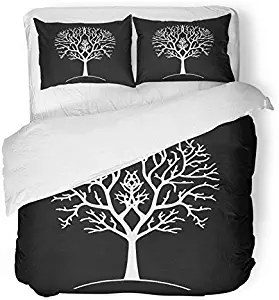 Emvency 3 Piece Duvet Cover Set Brushed Microfiber Fabric Breathable Autumn Tree Silhouette Black and White Gondor Lord of The Ring Branches Drawing Bedding Set with 2 Pillow Covers Full/Queen Size