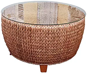Alexander & Sheridan Key Largo Round Cocktail Table in Antique Honey Finish with Glass