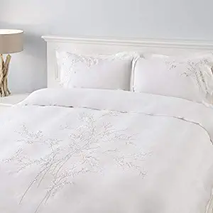 Chakra Embroidered Luxury Floral King Size Duvet Cover Set -Bamboo Cotton Blend - Handcrafted One of a Kind Bed Linen - Silky Bedding Set - Wedding Registry, White