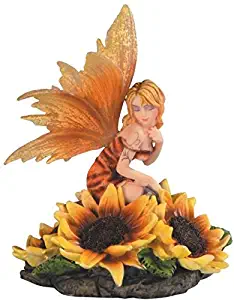 StealStreet SS-G-91652 Orange Winged Kneeling Fairy Attending to Sunflower Garden Statue