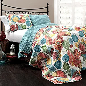 Bungalow Rose Micha 3-Piece Floral Pattern Reversible Coverlet Quilt Set Includes 1 Quilt and 2 Shams, Queen Size