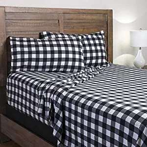 MNSTY Rustic Plaid Buffalo Check Flannel Bed Sheet Set in Black and White (Full)