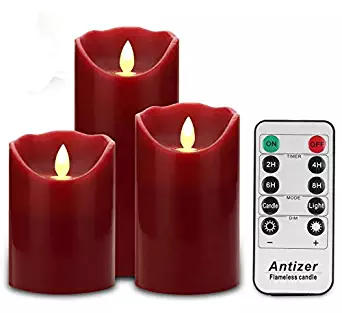 Antizer Flameless Candles 3 Pack Set Drip-Less Real Wax Pillars Include Realistic Dancing LED Flames and 10-Key Remote Control with 24-Hour Timer Function 400+ Hours by 2 AA Batteries (Burgundy)