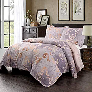 Simple&Opulence 3 Piece Polyester Bedding Purple Lightweight Reversible Printed Floral Microfiber Duvet Cover Set (Queen)