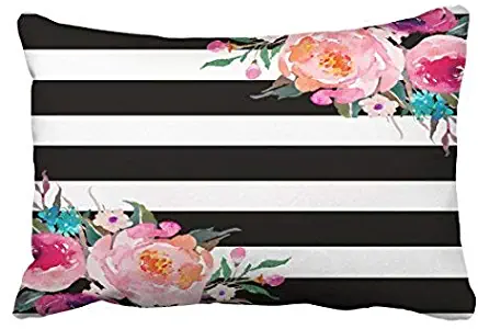 Emvency Decorative Throw Pillow Cover Queen Size 20x30 Inches Trendy Pink Watercolor Floral Black White Stripe Outdoor Pillowcase with Hidden Zipper Decor Cushion Gift for Holiday Sofa Bed