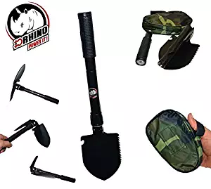 D-Rhino Outdoors Folding Shovel 16.5" with Pickax and Bottle Opener - Backpacking, Hiking and Camping Multi-functioning - Garden - Snow - Military Style Survival with Case