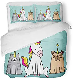 Emvency 3 Piece Duvet Cover Set Brushed Microfiber Fabric Breathable Imposter Unicorn and Her Pets Cat Caticorn and Pug Unipig Cute Cartoon File Dog Bedding Set with 2 Pillow Covers Twin Size