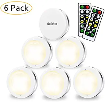 Cadrim Puck Lights, LED Stick on Lightings and Dimmable Under Cabinet Lights Battery Powered Under Counter Tap Lights with 2 Wireless Remote Controls (6 Pack) (White)