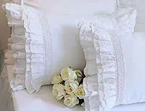 Meaning4 2-Pack Bright White Pillow Shams Cases Covers with Ruffles and Embroidery Lace Egypt Cotton King Size 20"X36" Luxury Elegant