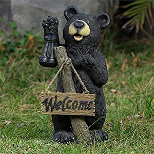 19.5" Bear Garden Statue with Welcome Sign and Solar Light in Black