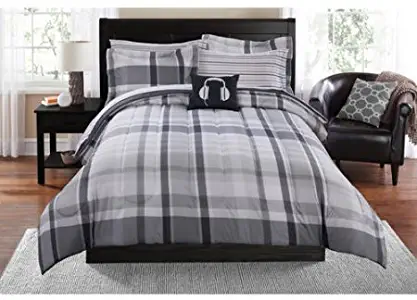 Mainstays Teen Cozy Soft Plaid Stripes Grey Bedding King Comforter for Boys (8 Piece in a Bag)