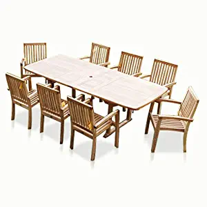 New 9pc Grade-A Teak Outdoor Dining Set-one Double Extension Table & 8 Patara Stacking Arm Chairs