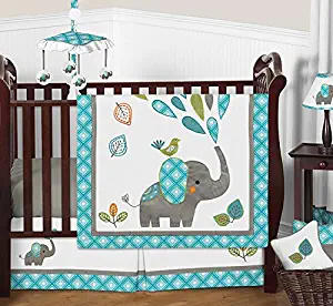 Sweet Jojo Designs 11-Piece Turquoise Blue Gray and White Mod Elephant Girl or Boy Baby Bedding Crib Set Without Bumper