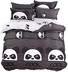 Kimko Child Panda Bedding Set-4Pcs Kids Cartoon 3D Oil Print Lightweight White and Black Panda Animal Pattern -1 Duvet Cover Set + 1 Bed Sheet + 2 Pillowcases (Full)