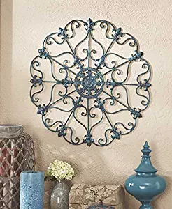 Teal Turquoise Fleur De Lis Metal Vintage Style Ornate Medallion Iron Wall Sculpture Plaque Decoration