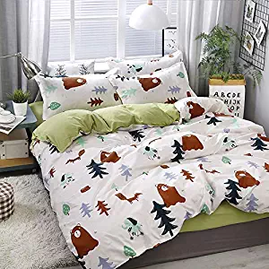 KFZ Woodland Bear Printed Duvet Cover Set, 3PCS Bedding Set Full Size with Comforter Cover (No Comforter Insert), Pillow Cases, Princess Theme, Breathable Bed Set for Kids and Teens …