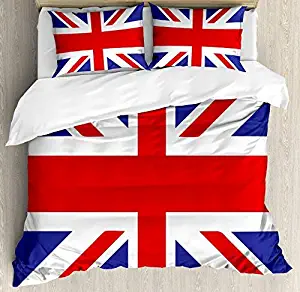 Union Jack 4 Piece Twin Size Duvet Cover Set, Classic Traditional Flag United Kingdom Modern British Loyalty Symbol, 4pcs Bedding Set Quilt Cover Bedspread with 2 Pillow Cases, Royal Blue Red White